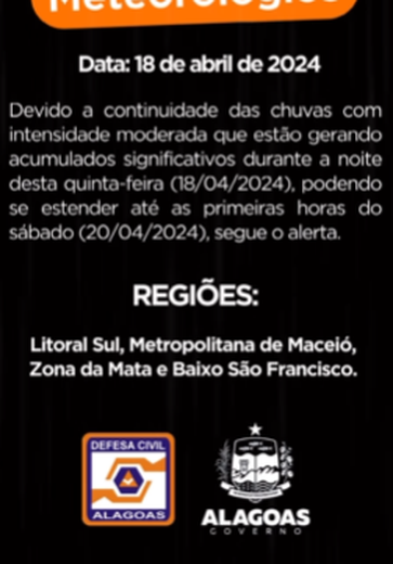 Defesa Civil de Alagoas emite alerta sobre continuidade das chuvas