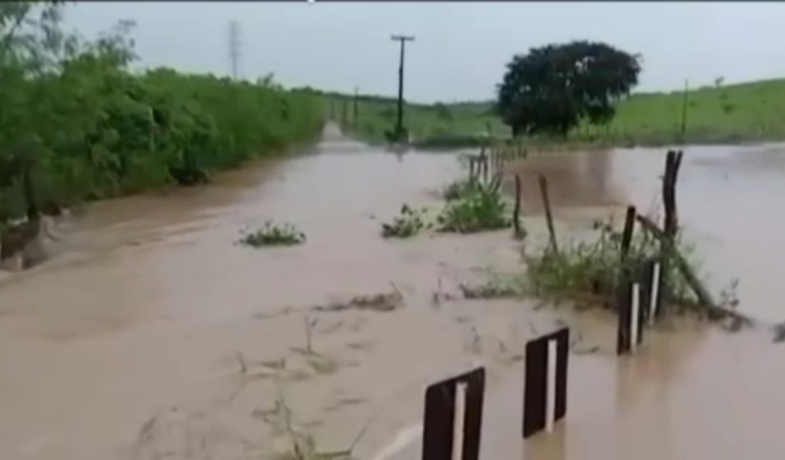 [Vídeo] Ponte fica submersa com a elevação do rio Perucaba, em Arapiraca