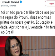  No Twiter Fernando Haddad reage a fala de ministra Damares sobre SISU