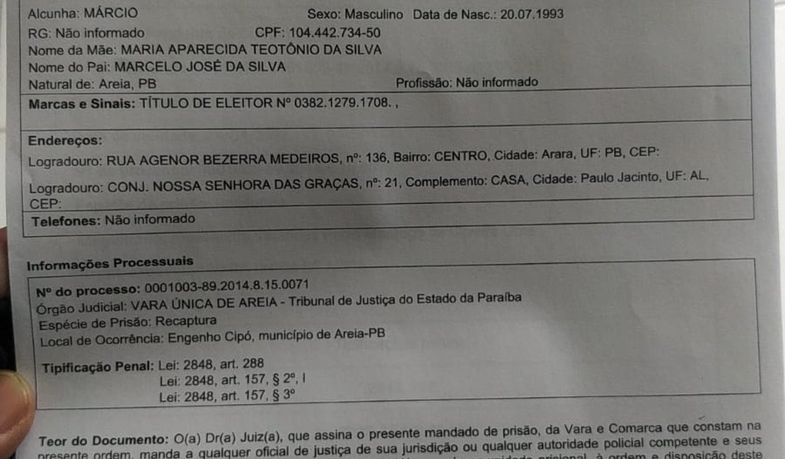 Foragido do sistema prisional da Paraíba é preso em Arapiraca