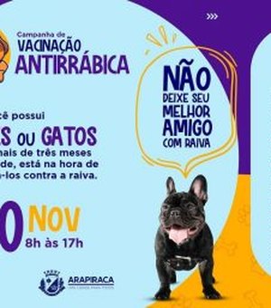 Cães e gatos poderão receber a vacina antirrábica neste sábado (20), em Arapiraca