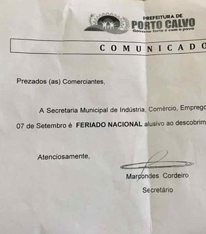 Prefeitura de Porto Calvo confunde comemoração de 7 de Setembro