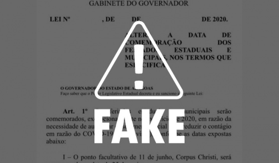 Imagem de Projeto de Lei com antecipação de feriados em Alagoas é falsa