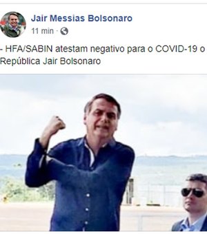 Bolsonaro diz em rede social que seu exame de coronavírus deu negativo