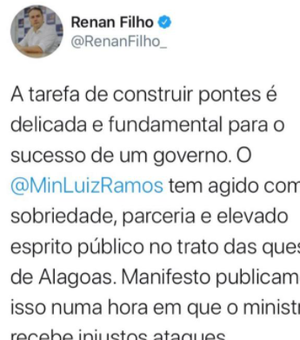Nas redes sociais, Renan Filho se solidariza com ministro Luiz Ramos