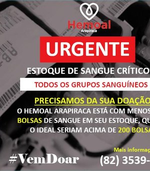 Unidade do Hemoal em Arapiraca necessita de 200 bolsas de sangue mas estoque só tem 60 