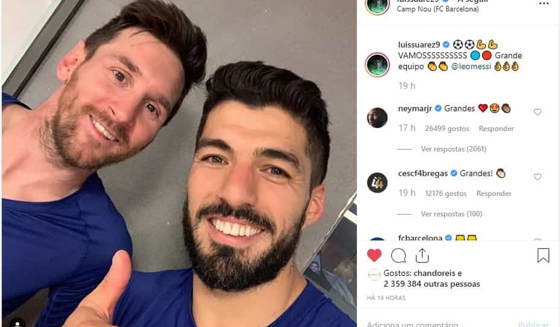 Neymar comenta foto de Messi e Suárez, e torcida pede volta ao Barça