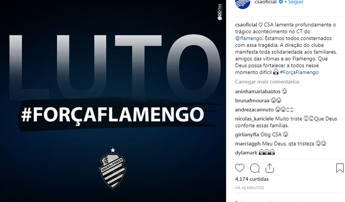 Times alagoanos prestam solidariedade ao Flamengo após incêndio