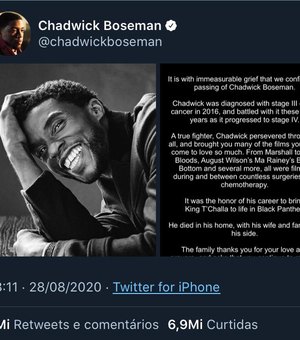 Post sobre a morte de Chadwick Boseman bate recorde no Twitter
