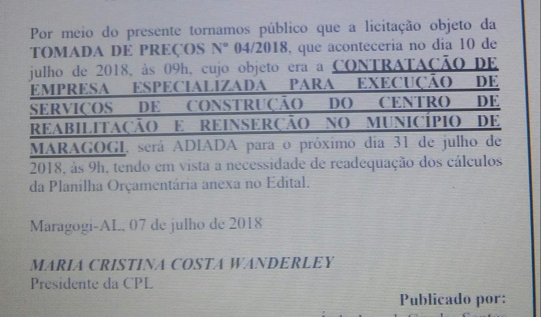 Prefeitura de Maragogi adia licitação de obra do Centro de Reabilitação