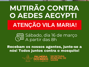 Mutirão contra a Dengue acontece neste sábado (16) na Vila Maria