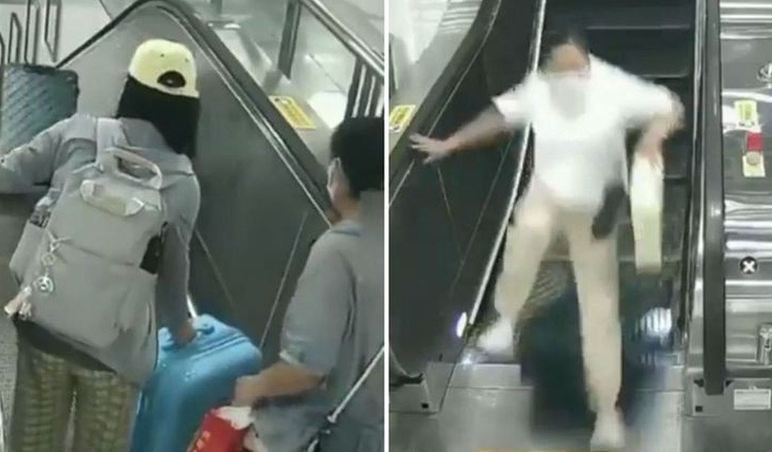 Mala largada em escada rolante derruba mulher na China