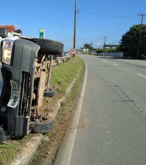 Veículo de distribuidora de alimentos colide em poste e tomba na AL-220 em Arapiraca