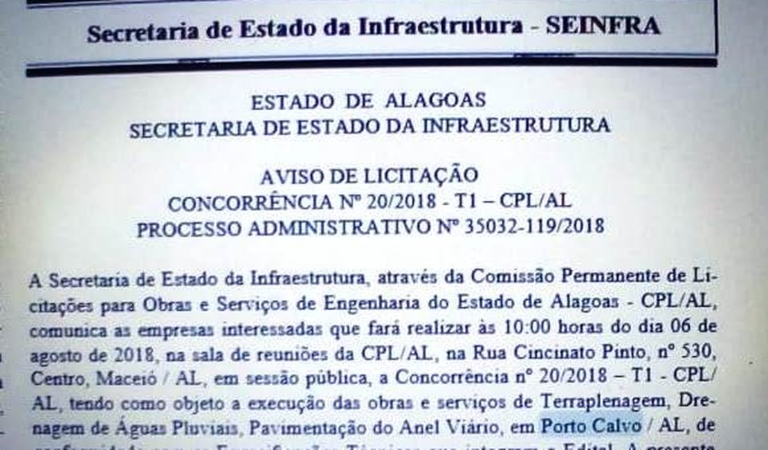 Edital de licitação da obra do anel viário é publicado no Diário Oficial do Estado