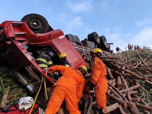 Caminhão carregado com madeiras capota e motorista fica preso às ferragens na BR 104
