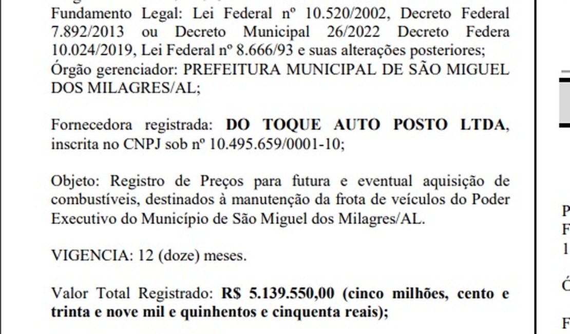Prefeitura de São Miguel dos Milagres estabelece gasto de mais de R$ 5 milhões em combustíveis