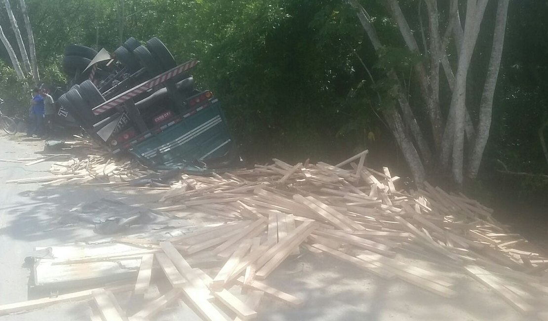 Caminhão carregado de madeira tomba após curva na BR-101
