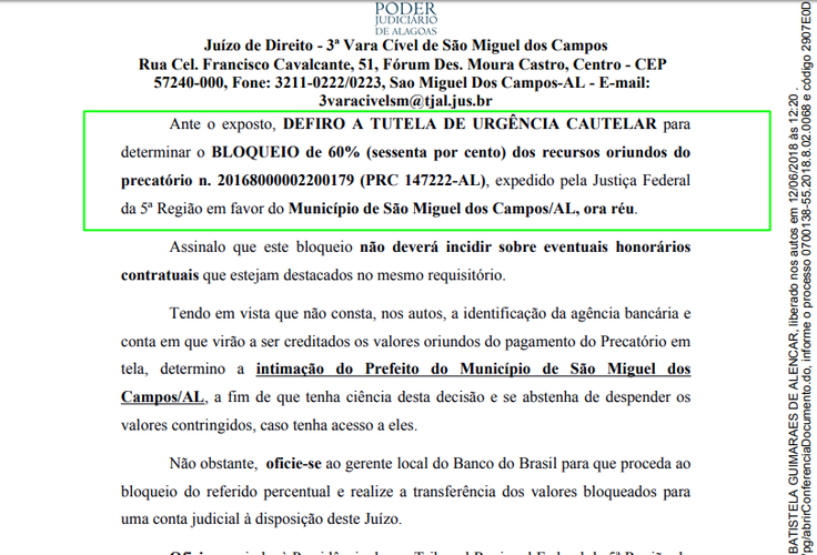 Justiça determina bloqueio dos 60% dos Precatórios em São Miguel dos Campos