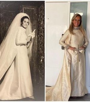 Helô Pinheiro posa com vestido que usou no casamento há 55 anos