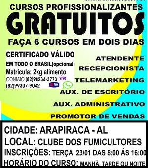 Cursos profissionalizantes são ofertados gratuitamente pela VC Cursos em Arapiraca