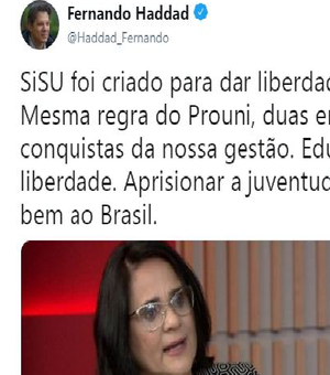  No Twiter Fernando Haddad reage a fala de ministra Damares sobre SISU