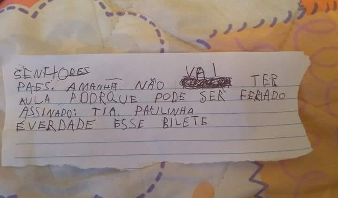 Menino de cinco anos manda bilhete para mãe fingindo ser professora para faltar aula