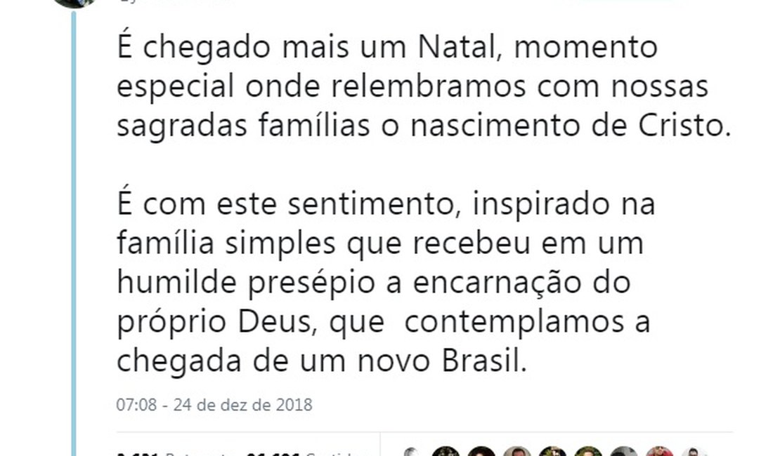 Bolsonaro diz que vai 'restaurar o sentimento familiar' em mensagem de Natal