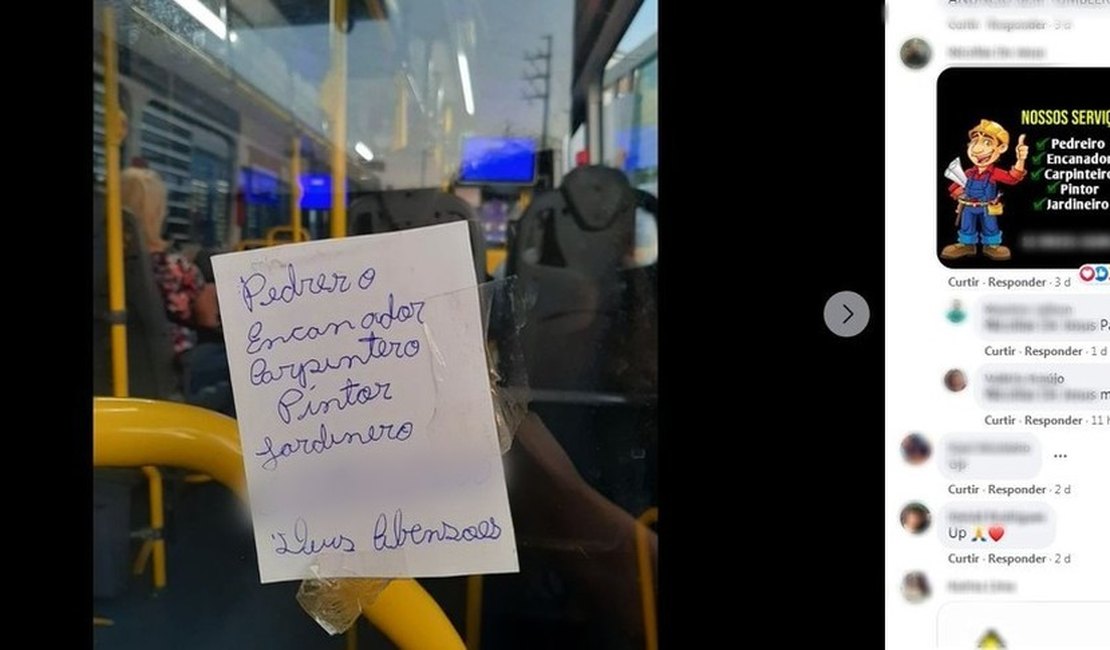 Pedido de emprego colado por pedreiro em ônibus viraliza nas redes sociais