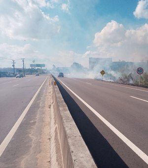 [Vídeo] Incêndio em vegetação na AL-220 dificulta visibilidade de motoristas e motociclistas em Arapiraca