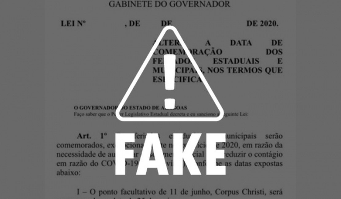 Imagem de Projeto de Lei com antecipação de feriados em Alagoas é falsa 