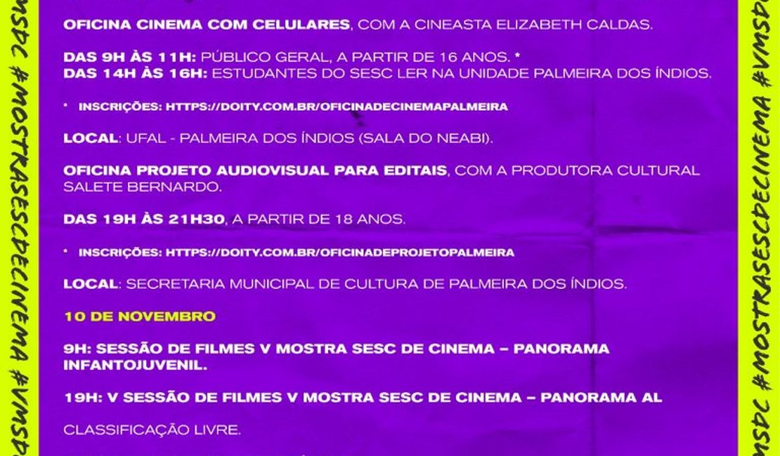 Palmeira receberá atividades da 5ª Mostra Sesc de Cinema