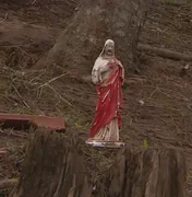 Estátua religiosa é encontrada intacta entre escombros após passagem de ciclone no RS