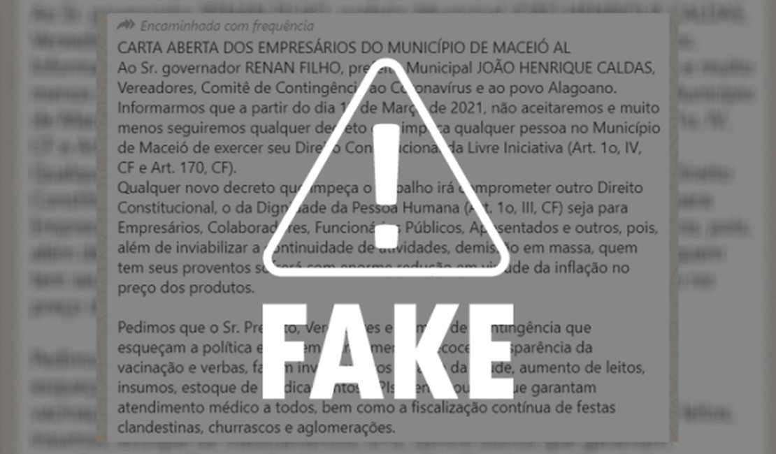 Carta aberta de empresários sobre descumprimento de decreto é falsa