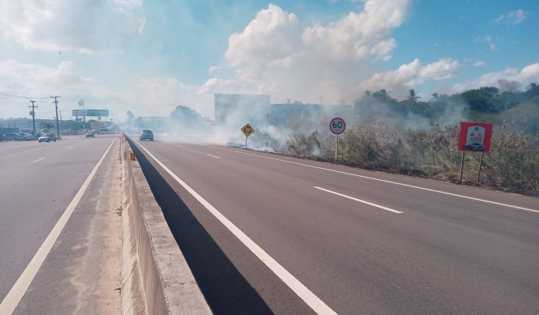 [Vídeo] Incêndio em vegetação na AL-220 dificulta visibilidade de motoristas e motociclistas em Arapiraca