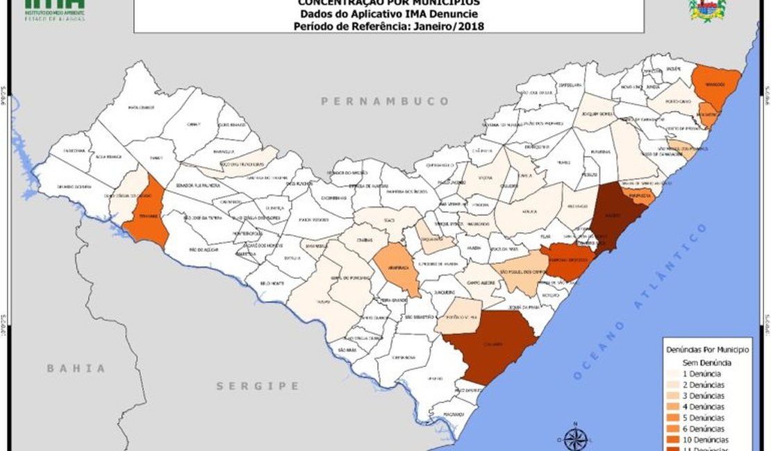 Mapa mostra número mensal de denúncias por município