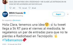 Banco argentino desafiou Clara a conseguir 5 mil retweets no post para presenteá-la com novos ingressos