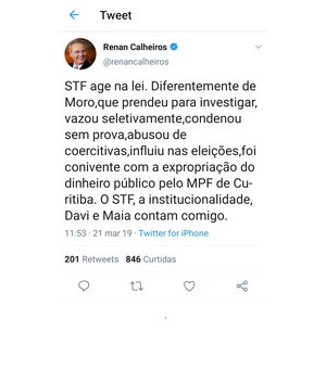 Senador Renan Calheiros critica Sérgio Moro e elogia STF