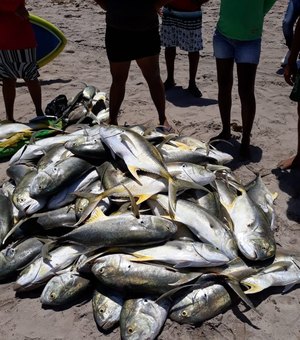 [Vídeo] Pescadores pescam milhares  peixes no mar de Japaratinga