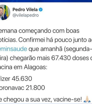 Deputado Pedro Vilela, anuncia nas redes sociais, chegada de mais vacinais em Alagoas