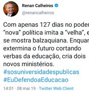 Renan Calheiros ironiza Bolsonaro e diz que a “nova” política imita a “velha”