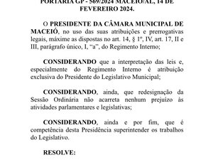 Câmara de Maceió publica portaria adiando retorno das sessões para terça-feira (20)