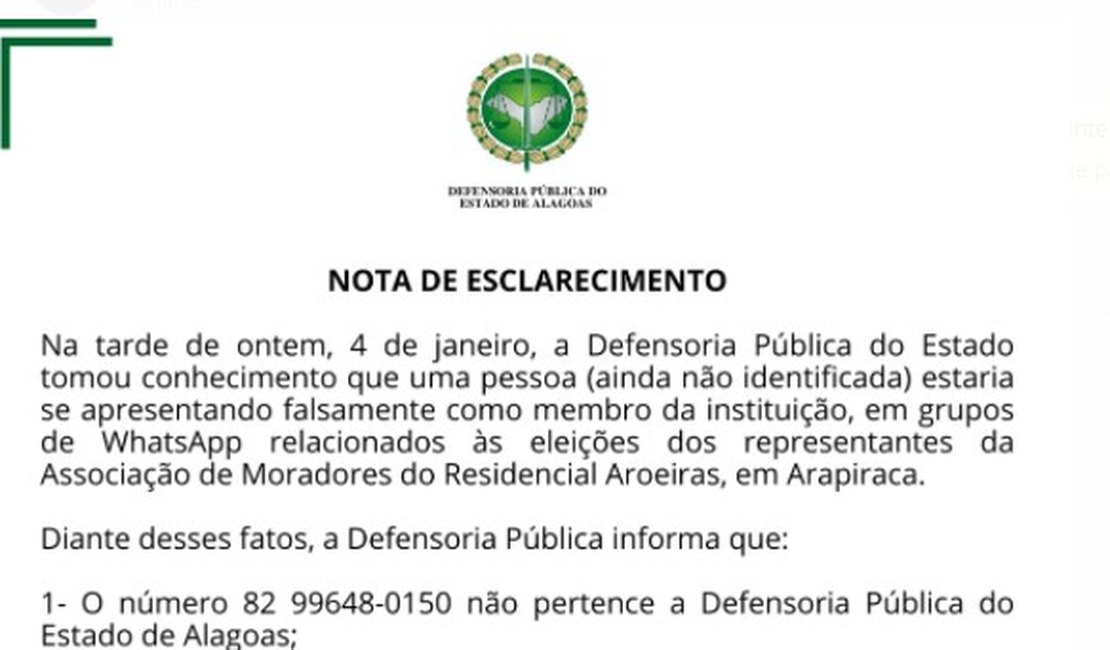 Defensoria Pública emite nota sobre perfil fake criado para tratar de eleição de residencial em Arapiraca