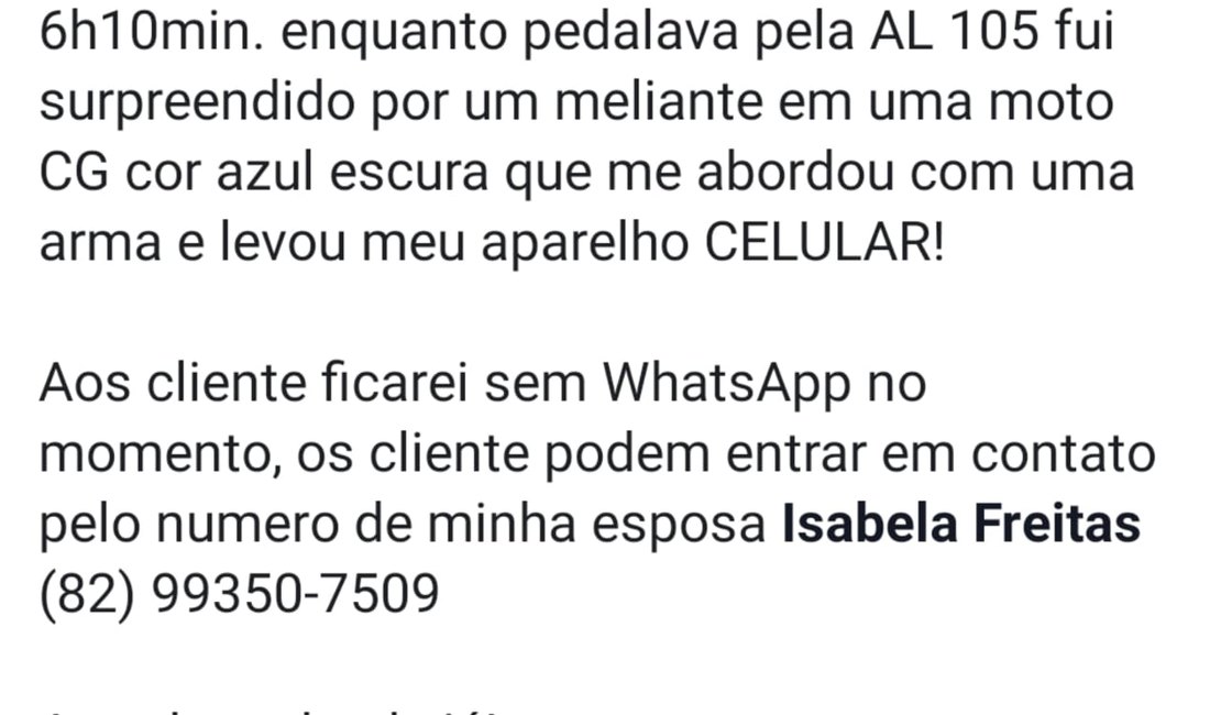 Fotógrafo é assaltado quando pedalava em Porto Calvo
