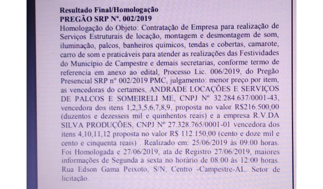 Prefeitura de Campestre emite nota de esclarecimento sobre licitação