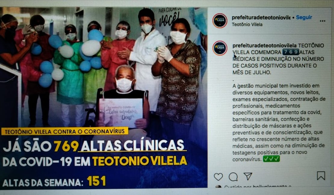 Teotonio Vilela fecha julho com maior número de mortes e casos confirmados de Covid-19
