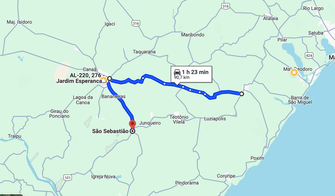 Bloqueio de trecho da BR-101 impacta rota entre Maceió e Aracaju, aumentando trajeto em 28km