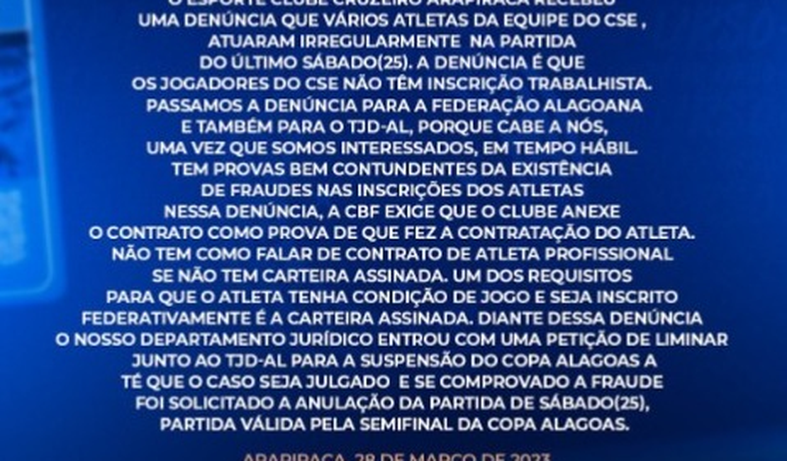 Cruzeiro denuncia irregularidades no time CSE e pede suspensão da Copa Alagoas