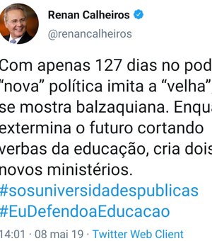 Renan Calheiros ironiza Bolsonaro e diz que a “nova” política imita a “velha”