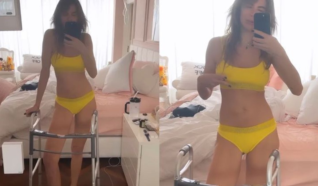 Luciana Gimenez posa de lingerie com o uso de andador
