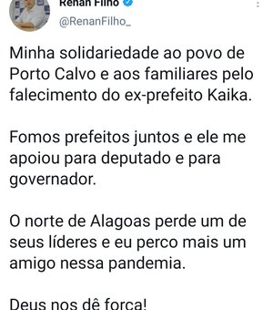 Morte de Kaika: Renan Filho diz que Norte de Alagoas perde um dos líderes